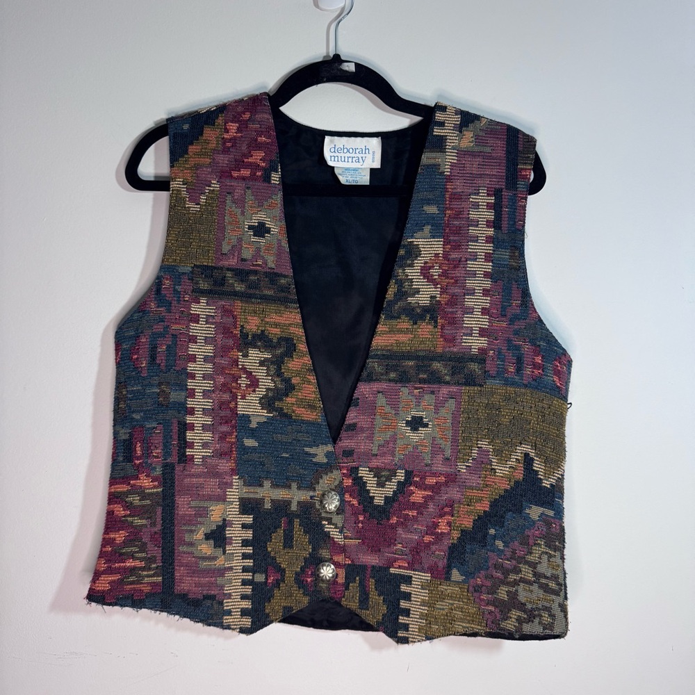 Deborah Murray Tapestry Vest XL Southwestern Boho Cropped Button Front